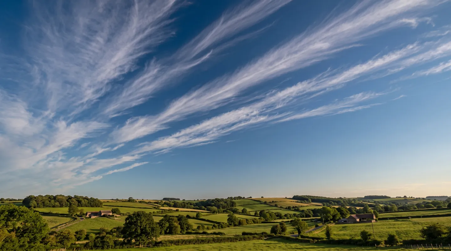 High wispy cirrus clouds streaking across a deep blue sky above green British countryside, swept along by strong winds aloft
